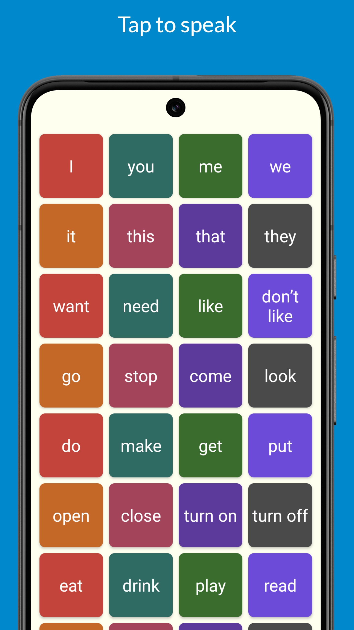Talking Buttons on Android: communication board with large picture buttons (1 of 8).